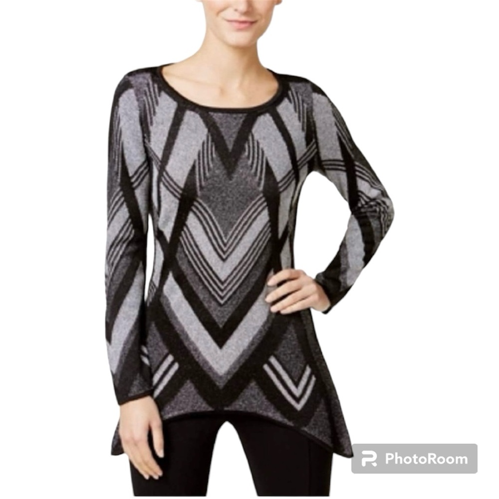 INC International Concepts Asymmetric Hem Black and Silver Tunic Sweater Comfy